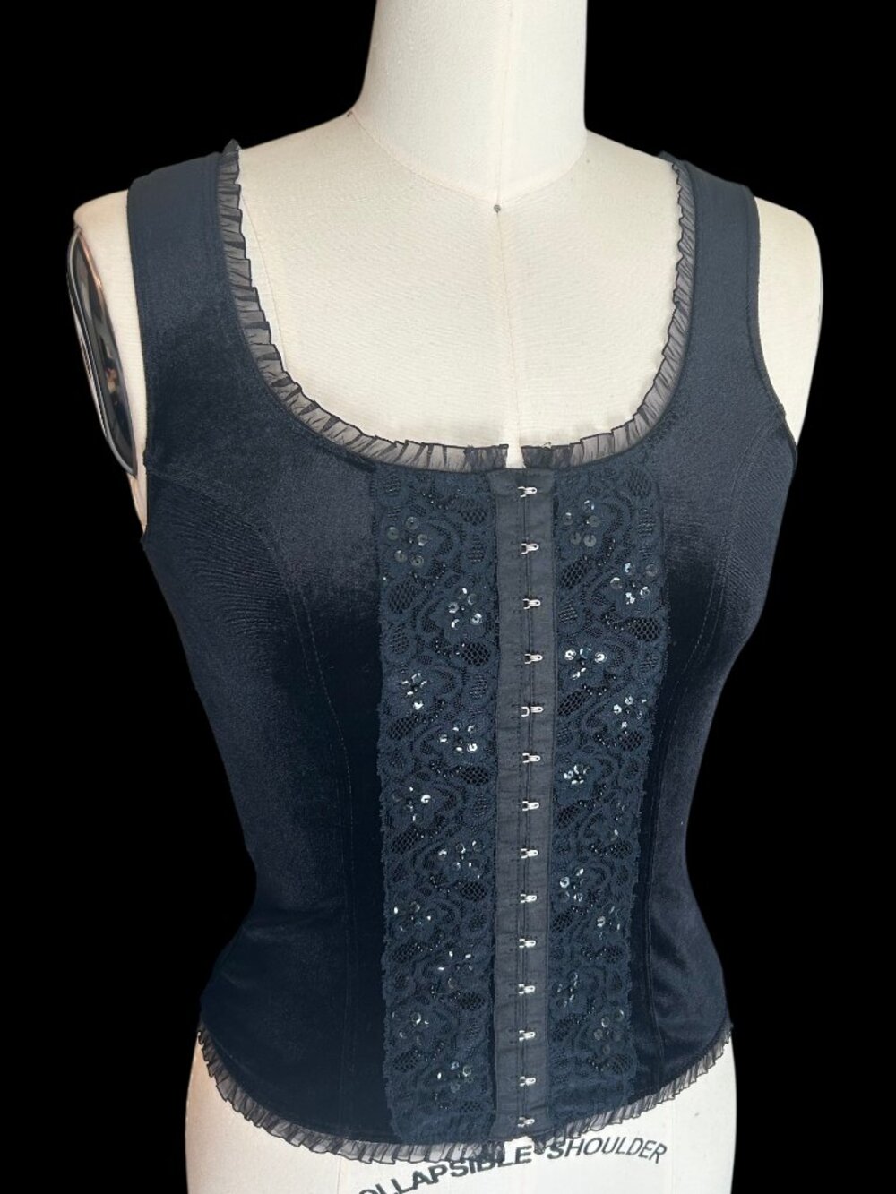 Y2K Vintage Velvet Whimsigoth Corset Top Goth Grunge Fairy Black S Lace Sequins